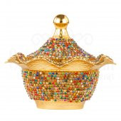 Renkli Swarovski Taşlı Şekerlik Drajelik Dekoratif Büyük Yuvarlak Lalegül Altın - 1