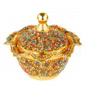 Renkli Swarovski Taşlı Şekerlik Drajelik Dekoratif Büyük Yuvarlak Lalegül Altın - 2