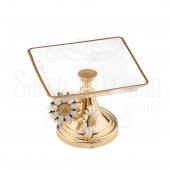 Cam Servis Sunum Tabağı Sunumluk Ayaklı Servis Tabağı Beyaz Papatya Küçük Sarmaşık Kare Sunum Altın - 1