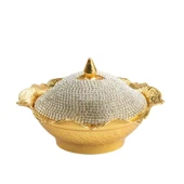 Swarovski Taşlı Şekerlik Büyük Oval Kapaklı  Drajelik Dekoratif  Altın - 2