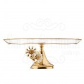 Cam Servis Sunum Tabağı Sunumluk Ayaklı Servis Tabağı Beyaz Papatya Sarmaşık Dikdörtgen Sunum Altın - 1