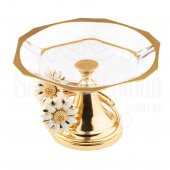 Cam Servis Sunum Tabağı Sunumluk Ayaklı Servis Tabağı Beyaz Papatya Küçük Sarmaşık Altıgen Sunum Altın - 1