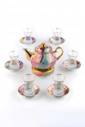 El Boyaması Çay Seti Porselen Demlik, Kaide, Çay Tabağı ve Cam Çay Bardağı 6'lı Candy Yaldızlı - 1