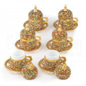 Renkli Taşlı Kahve Fincanı Takımı 6'lı Sarmaşık Altın - 1