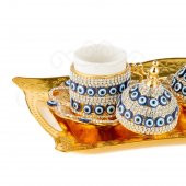 Nazar ve Swarovski Taşlı Kahve Fincan Takımı 2'lı Tepsili  Lale  Gold - 3