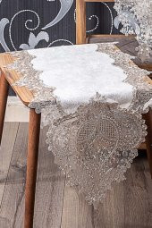 Bonny Home Efsun Krem Kadife Üzeri Vizon Dantelli 5 Parça Runner Seti Salon Takımı Masa Örtüsü - 2