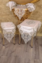 Bonny Home Hürrem Pudra Kadife Üzeri Gold Dantelli 5 Parça Salon Takımı Masa Örtüsü Runner Seti - 1