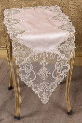 Bonny Home Hürrem Pudra Kadife Üzeri Gold Dantelli 5 Parça Salon Takımı Masa Örtüsü Runner Seti - 2