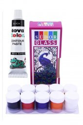 Cam Boyası 10 Renk 15 ml ve Siyah Kontur Boyası 1 Paket Cam Vitray Boyama Seti Cam Boyama Seti - 1