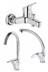 Kustar Krom Mix 3Lü Banyo Batarya Seti Duş Mutfak Lavabo Bataryası - 1