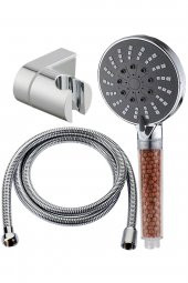 Kustar Siyah Boncuklu 5 Fonksiyonlu Tazyikli Klorür Kireç Önleyici El Duşu Örgülü Hortum Ve L Askı Duş Seti - 1