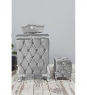 Bonny Home Kapitone MDF Gri Renk 3lü Çamaşır Sepeti Kirli Sepeti Banyo Seti - 1