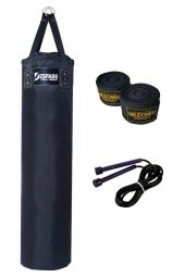 Desfabe Polydes 120x30 Cm Kolonlu Boks Kum Torbası Siyah+El Sargı Bandajı+Atlama İpi - 1