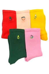 Çorap Modasında Öne Çıkmak İçin Renkli Meyve Nakışlı 5'li Çorap Seti - 4