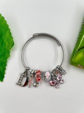 Kadın Charm D Harfi & Pembe Taşlı Çelik Kelebek Bileklik - 1