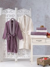 Family Dantelli Mor & Krem Aile Bornoz Seti 6 Parça Çeyizlik Kadın Erkek Bornoz Banyo Havlu Takımı - 5
