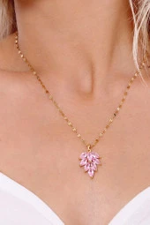Kadın Çelik Pembe Zirkon Taşlı Lotus Çiçeği Kolye thumbnail 1