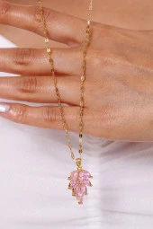 Kadın Çelik Pembe Zirkon Taşlı Lotus Çiçeği Kolye thumbnail 3