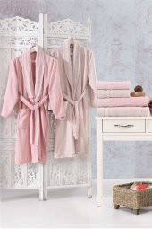 Family Dantelli Pembe & Kapuçino Aile Bornoz Seti 6 Parça Çeyizlik Kadın Erkek Banyo Havlu Takımı - 1