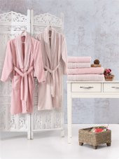 Family Dantelli Pembe & Kapuçino Aile Bornoz Seti 6 Parça Çeyizlik Kadın Erkek Banyo Havlu Takımı - 4