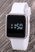 Kadın Gümüş Renk Kasa Beyaz Silikon Kordon Dokunmatik Dijital Led Genç Kız Kol Saati ST-304373 - 1