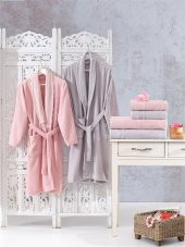 Family Dantelli Pembe & Lila Aile Bornoz Seti 6 Parça Çeyizlik Kadın Erkek Bornoz Banyo Havlu Takımı - 5