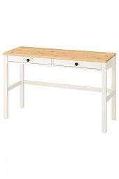 Çalışma Masası, Beyaz Açık Kahverengi HEMNES 120x47 2 Çekmeceli Masif Ahşap - 1