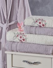 Family Nakışlı Krem & Lila Aile Bornoz Seti 6 Parça Çeyizlik Kadın Erkek Bornoz Banyo Havlu Takımı - 3