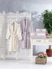 Family Nakışlı Krem & Lila Aile Bornoz Seti 6 Parça Çeyizlik Kadın Erkek Bornoz Banyo Havlu Takımı - 5