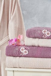 Family Nakışlı Mor & Kapuçino Aile Bornoz Seti 6 Parça Çeyizlik Kadın Erkek Banyo Havlu Takımı - 2