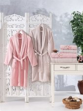 Family Nakışlı Pembe & Kapuçino Aile Bornoz Seti 6 Parça Çeyizlik Kadın Erkek Banyo Havlu Takımı - 5
