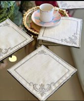Köşeli Gri 6lı Kokteyl Kahve Sunum Peçetesi Maraş İşi Sırma Nakış İşlemeli Gardenya Sunumluk - 1