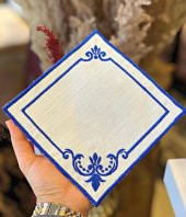 Köşeli Mavi 6lı Kokteyl Kahve Sunum Peçetesi Maraş İşi Sırma Nakış İşlemeli Gardenya Sunumluk - 1