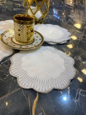 Shems Silver 6lı Kokteyl Kahve Sunum Peçetesi Maraş İşi Sırma Nakış İşlemeli Gardenya Sunumluk - 1