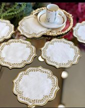 Yuvarlak Gold 6lı Kokteyl Kahve Sunum Peçetesi Maraş İşi Sırma Nakış İşlemeli Gardenya Sunumluk - 1