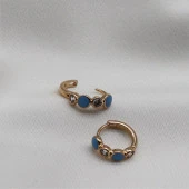 İki Tek Taşlı Mavi Detaylı Küpe Gold - 2