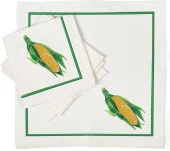 İthal Keten Mısır Nakışlı 4'lü Kumaş Peçete, 4'lü Çatal Kaşıklık, Runner - 4