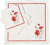 İthal Keten Gelincik Nakışlı 4'lü Kumaş Peçete ve runner - 3