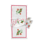 İthal Keten Çilek Nakışlı 4'lü Kumaş Peçete, 4'lü Çatal Kaşıklık, Runner - 1