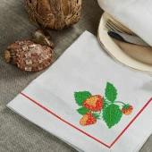 İthal Keten Çilek Nakışlı 4'lü Kumaş Peçete, 4'lü Çatal Kaşıklık, Runner - 3