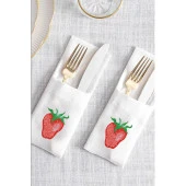 İthal Keten Çilek Nakışlı 4'lü Kumaş Peçete, 4'lü Çatal Kaşıklık, Runner - 5