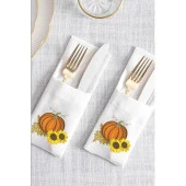 İthal Keten Balkabağı 2 Nakışlı 4'lü Kumaş Peçete, 4'lü Çatal Kaşıklık, Runner - 5