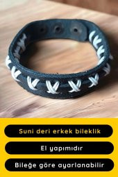 Çapraz Örgülü Deri Erkek Bileklik Siyah Ayarlanabilir El Yapımı Bileklik - 1