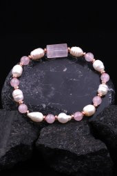 Pembe Kuvars - İnci -  Hematit Doğal Taş Tasarım Bileklik thumbnail 1