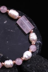 Pembe Kuvars - İnci -  Hematit Doğal Taş Tasarım Bileklik thumbnail 3