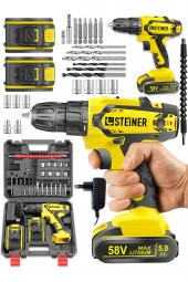 STEİNER Alman Cooper 58 V 5 Ah Darbeli Çift Metal Şanzuman Çift Akülü Şarjlı Vidalama Matkap + 24 Uç Setli - 1