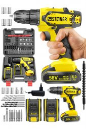 STEİNER Alman Cooper 58 V 5 Ah Darbeli Çift Metal Şanzuman Çift Akülü Şarjlı Vidalama Matkap + 24 Uç Setli - 2