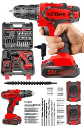 STEİNER Germany Technology Kupfer Darbeli 58 V 5 Ah Çift Akülü Vidalama Matkap Kırmızı 24 Parça Set - 1