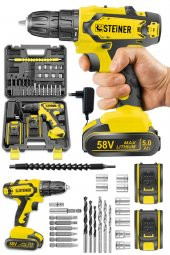 STEİNER Germany Technology Kupfer Darbeli 58 V 5 Ah Çift Akülü Vidalama Matkap Sarı + 24 Parça Set - 1