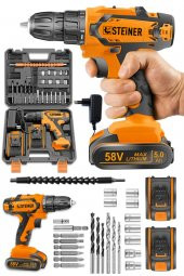 STEİNER Germany Technology Kupfer Darbeli 58 V 5 Ah Çift Akülü Vidalama Matkap Turuncu 24 Parça Set - 1